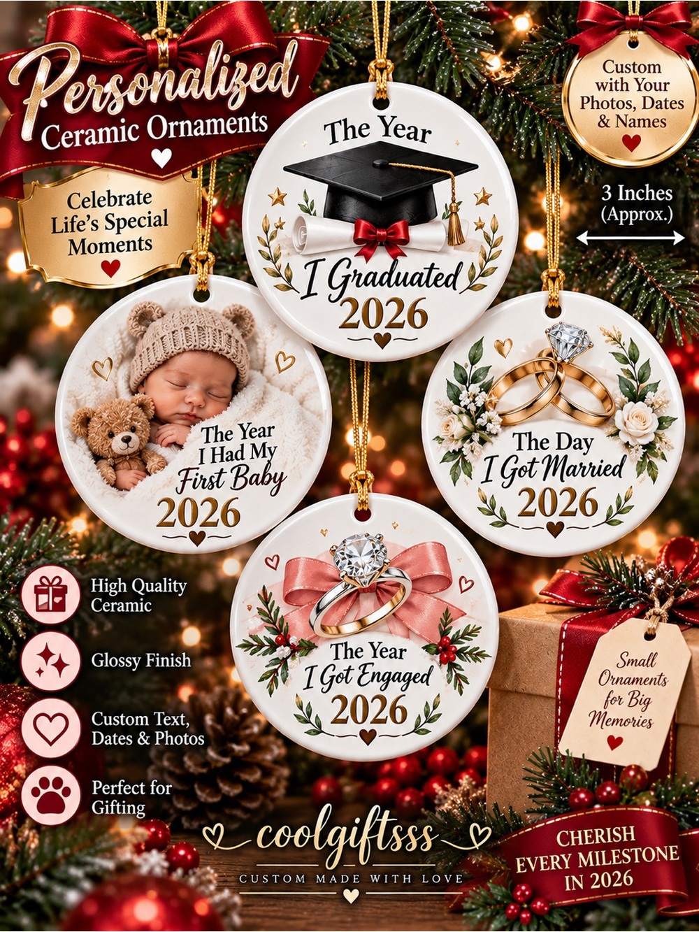 Personalized White Ceramic Holiday Ornament - Custom Milestone Keepsakes